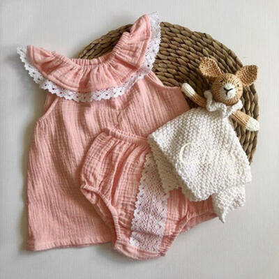 

UK Infant Kid Baby Girl T-shirts Top Lace Shorts 2Pcs Outfit Cotton-flax Clothes