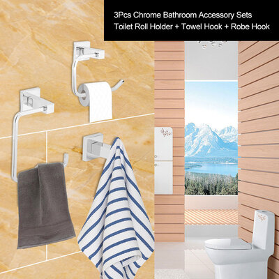 

3Pcsset Chrome Bathroom Accessory Sets Toilet Roll Holder Towel Robe Hook Wall MountedChrome Bathroom Sets Towel Robe Hook Set