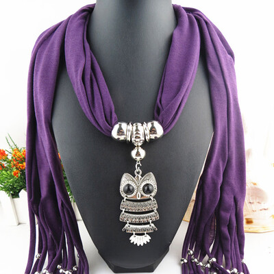 

Popular Alloy Pendant Soft Shawl Necklace Scarf Owl Pendant Necklace Scarf Fringed Scarf