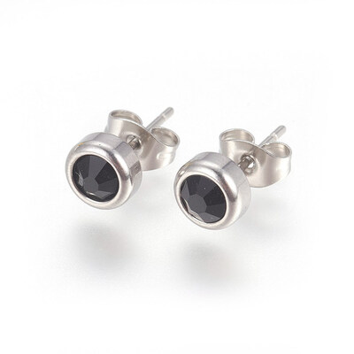 

304 Stainless Steel Stud Earrings with Rhinestone Flat Round Jet 15x65x4mm Pin 07mm
