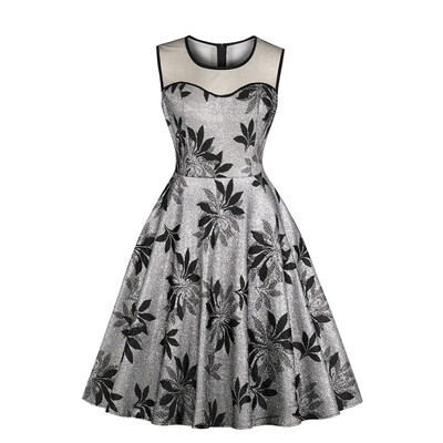 

Round Collar Net Yarn Splicing Printing Dress