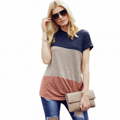 

Womens color block stitching collar short sleeve loose regular top