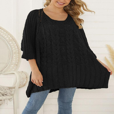 

Solid Cable Eyelets Scoop Three-quarter Batwing Sleeves Knit Sweater