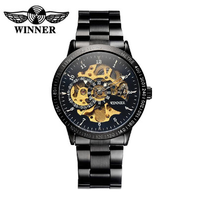 

WINNER Luxury Brand Skeleton Semi Automatic Men Mechanical Watch Luminous Stainless Steel Hand-winding Business Man Wristwatch wit