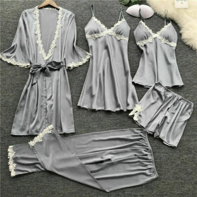 

5Pcs Sexy Lingerie Women Silk Lace Robe Dress Nightdress Sleepwear Pyjamas Set