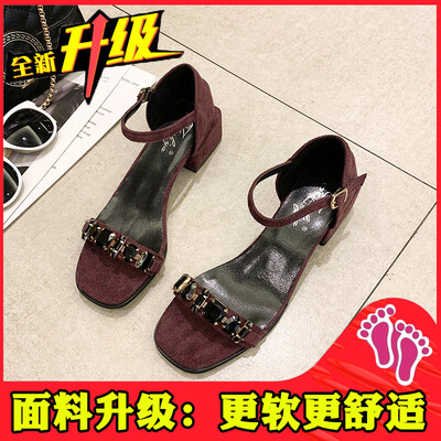 

A word with sandals womens summer 2019 new Korean version of Joker retro square thick heel net red fairy wind Roman womens shoes