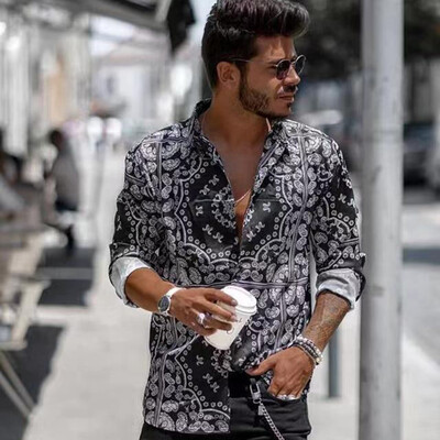 

Tailored Mens Autumn Loose Casual Daily Stand Collar Print Long Sleeve Shirt Top Blouse