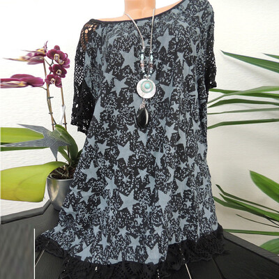 

Roseonmyhand Plus Size Women O-Neck Print Patchwork Hollow Out Short Sleeve Blouse Shirt Tops