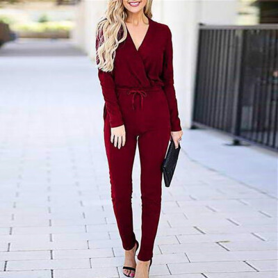 

Starmoon Women Pocket Lace Up V Neck Long Sleeve Rompers Jumpsuit Playsuit