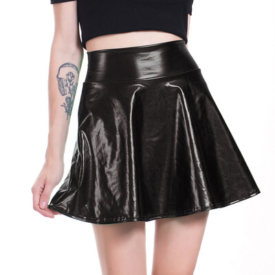

Womens Shiny Metallic Wet Look Latex Skater Flared Short Pleated Mini Skirt