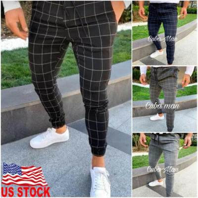 

Fashion Mens Plaid Twill Jogger Pants Urban Hip Hop Harem Casual Trousers Slim