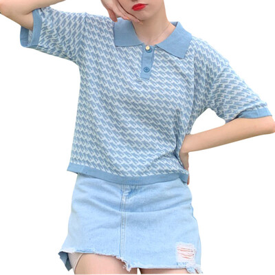 

Women Summer Fashion Concise Casual All-match Short Sleeve Loose Lapel Plaid T-shirts