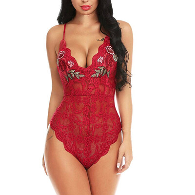 

Toponeto Fashion Women Babydoll Bodysuit Embroidered Applique Sexy Lingerie Underwear