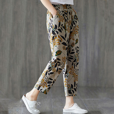 

Women Long Harem Pants Floral Print Long Pants Elastic Waist Dot Trousers