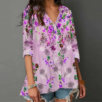 

Womens V Neck Long Sleeve Tops Floral Print Casual Shirt Summer Loose Blouse