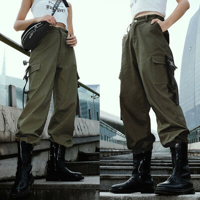 

Fashion Women High Waisted Cargo Trousers Pants Solid Punk Loose Long Sports