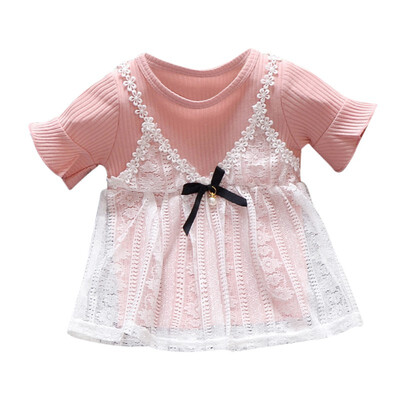 

Summer Cute Princess Baby Dress Lace Fake 2 Pieces Short Sleeve O Neck Lovely Dress