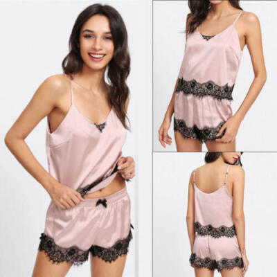 

Women Lady Silk Satin Lace Robe Shorts Chemise Sleepwear Nightwear Pajamas Pink