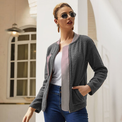 

Gobestart Women Ladys Color-block Warm Fleece Long Sleeve With Pockets Zipper Coat