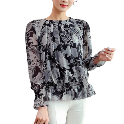 

Top Women Summer Versatile Stand Collar Printed Loose Solid Color Lantern Sleeve Casual Wild Tops Blouse Blusas