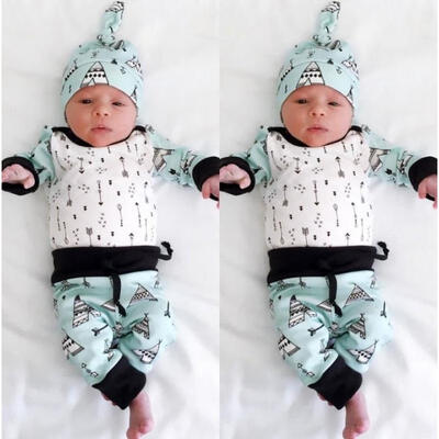 

Cute Baby Boy Girl Home Outfits Arrow Tops Pants Leggings Hat Clothes 3PCS Set