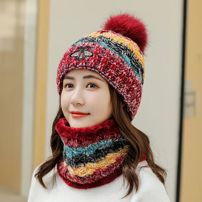 

Hat lady autumn&winter wool shield ear warm knitted hat small bee hair ball cover head hat neck two-piece set