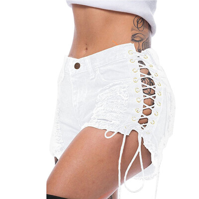 

〖Follure〗Women Hole Sexy High Waist Zip Bandages Skinny Denim Lace Up Mini Shorts Jeans