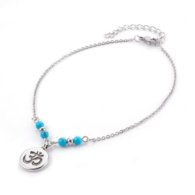

Synthetic Turquoise Charms Anklets with Tibetan Style Alloy Pendants 304 Stainless Steel Findings&Iron Eye Pin Flat Round w