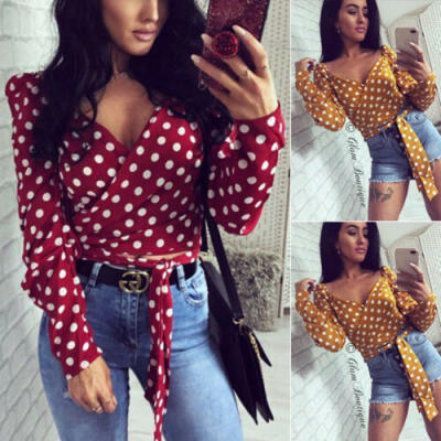 

AU Summer Womens Casual Tops Blouse Long Sleeve V Neck Polka Dot T-Shirt Ladies