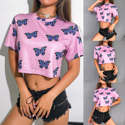 

Nomeni Women Strappy Short Sleeve Butterfly Print Top Fashion T Shirt Ladies Blouse
