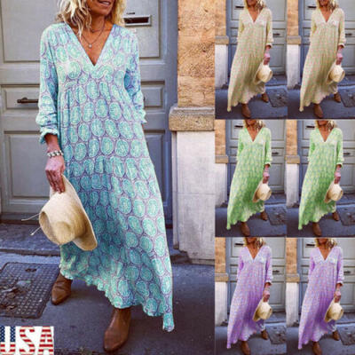 

Women Boho Cotton Linen Maxi Dress Short Sleeve Casual Kaftan Tunic Plus Size US
