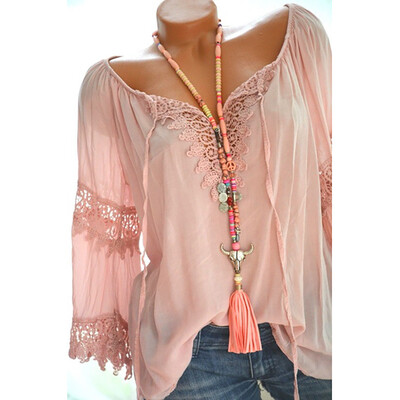 

Nomeni Womens Plus Size Off Shoulder Lace Pure Color Long Sleeves Blouse Loose Tops