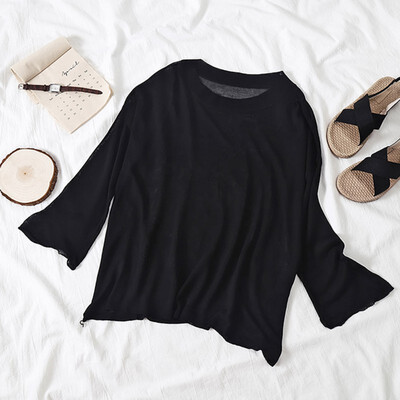 

Women Summer Thin Round Neck Casual Knitting Long Sleeve Loose Sun Protection Summer Beach Tops