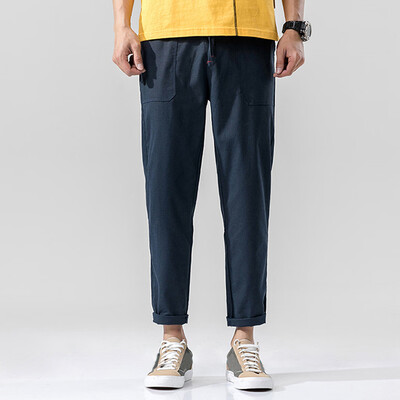 

Tailored Mens Fashion Summer Casual Solid Pocket Drawstring Cotton Linen Long Pants