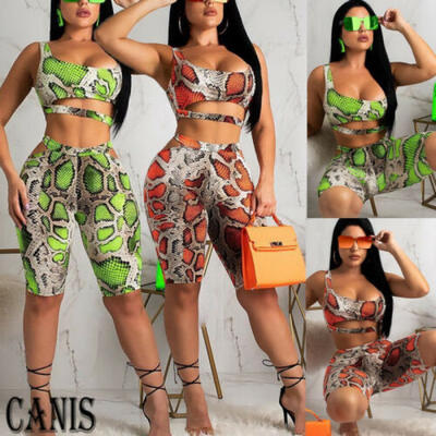 

2PCS Womens Sexy Clubwear Snake Print Sleeveless Crop TopsPants Jumpsuit Set UK