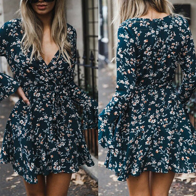 

Women Floral Print Short Sleeve Loose Mini Dress Ladies Summer Long V-Neck Shirt Dress Holiday Party Beach Tops
