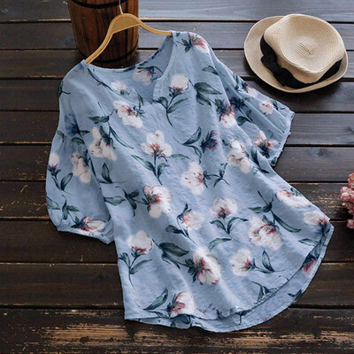 

Nomeni Women Shirt V Neck Half Sleeve Linen Vintage Boho Floral Print Tops Loose Blouse