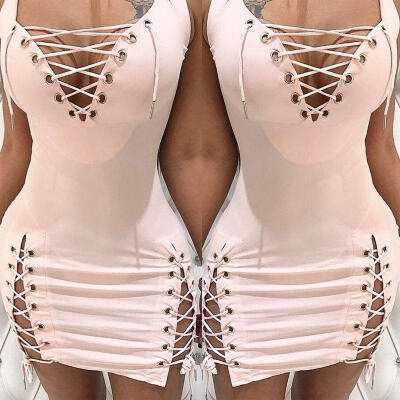 

Fashion Women clothes Summer Sleeveless Bodycon Casual Evening V-neck pink solid Party cotton Mini Dresses one pieces