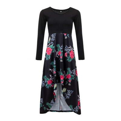 

Tailored Womens Floral Dress V-Neck Long Sleeve Asymmetrical Patchwork Dresses