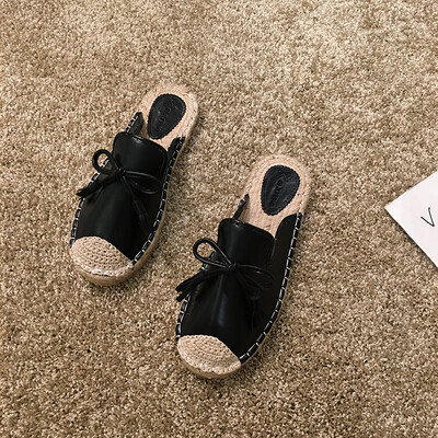 

Red fashion slippers wear autumn Korean Joker flat-bottomed straw bow Baotou half slippers
