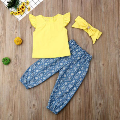 

US 2019 Newborn Baby Girl Summer Fly-Sleeve Top Pants Headband Clothes 1-4Y Sets