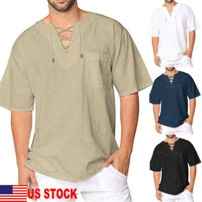 

US Stock Men Summer T-Shirt Cotton Linen Thai Hippie Shirt V-Neck Beach Yoga Top