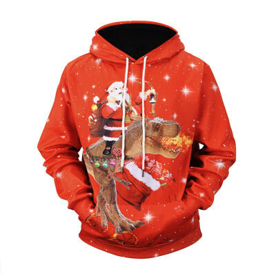 

Christmas Autumn Winter Casual Hooded Hoodies Red 3D Print Santa Claus Dinosaur Loose Sweatshirts For Men