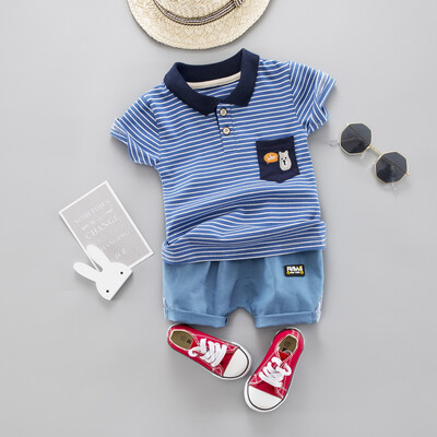 

Summer Baby Boys Short Sleeve Striped Cartoon Print Tops Blouse T-shirtShorts Children Casual Outfits Sets