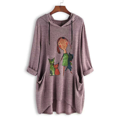 

Starmoon Women Casual Print Long Sleeves Side Pocket Hooded Irregular Top Blouse Shirts