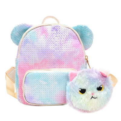 

Cute Ears Decor Travel Backpacks Sequins Women Kids Plush Pendant Knapsack