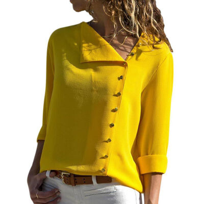 

Streetwear Style Full Sleeves Asymmetrical Collar Button Solid T-shirts For Women Casual Irregular Collar Tops Female Least