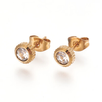 

304 Stainless Steel Ear Studs with Rhinestone Flat Round Crystal Golden 13514mm Pin 08mm