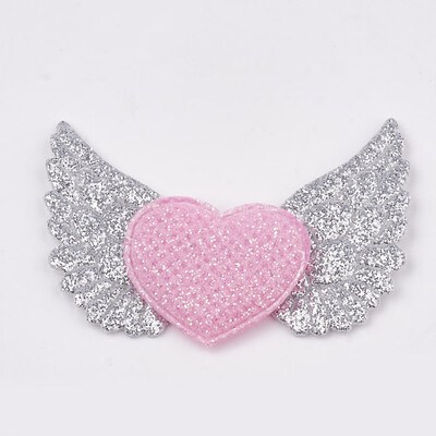 

Glitter PU Patches with Non Woven Fabric Back&Sponge Inside Heart with Wing LightGrey 50x36x3mm