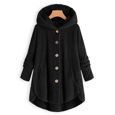 

Toponeto Women Plus Size Button Plush Tops Hooded Loose Cardigan Wool Coat Winter Jacket